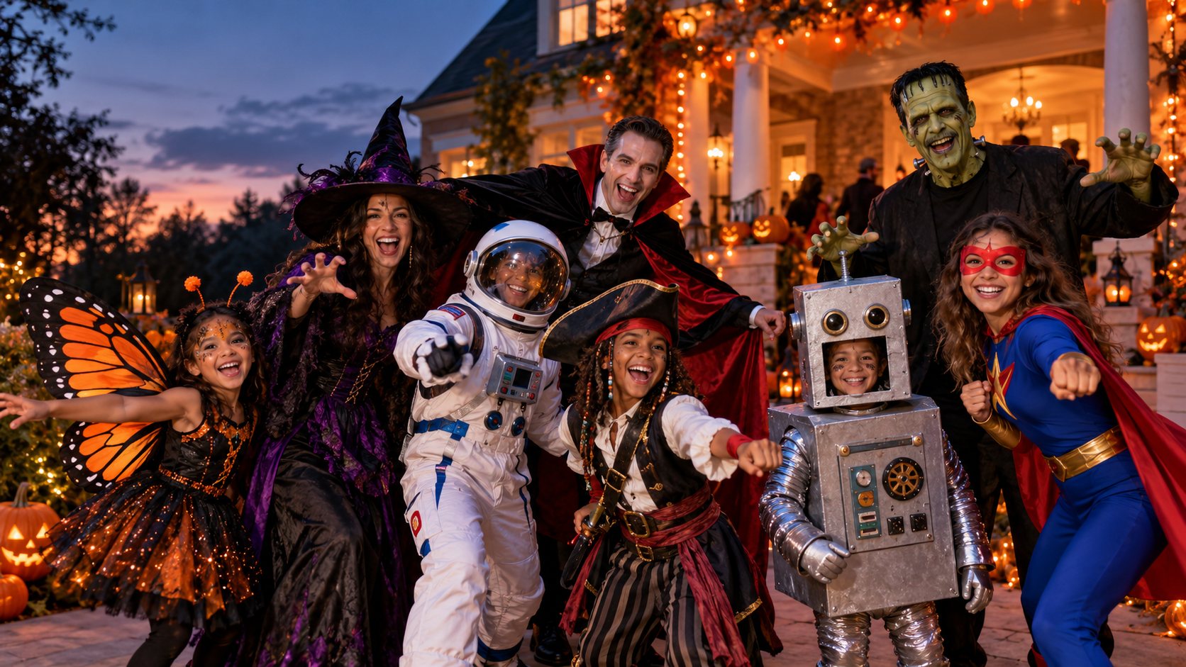Adults and children celebrating in creative Halloween costumes